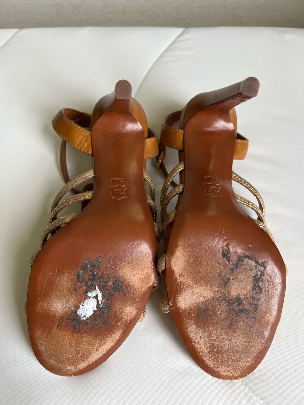 Tory Burch Leather Charlene Women's Tan and Gold Gladiator Heel Sandals size 7.5 - Picture 7 of 9